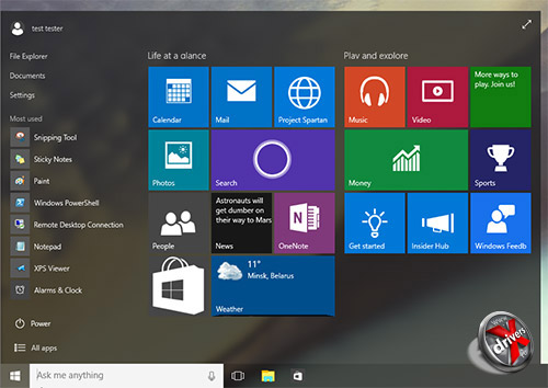 Меню Пуск в Windows 10 сборка 10074
