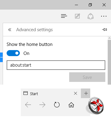 Кнопка Home в браузере Edge в Windows 10 сборка 10162
