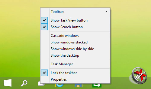 Отключение кнопок поиска и Task View в Windows 10 сборка 9879