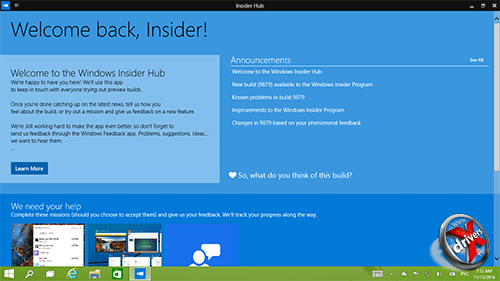 Insider Hub в Windows 10 сборка 9879. Рис. 1