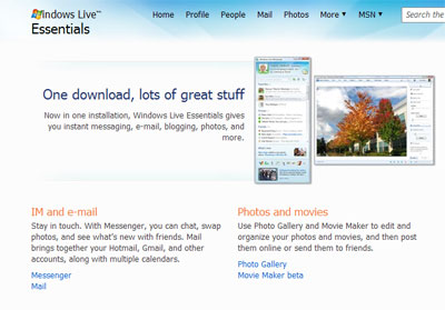 Страница Windows Live Essentials